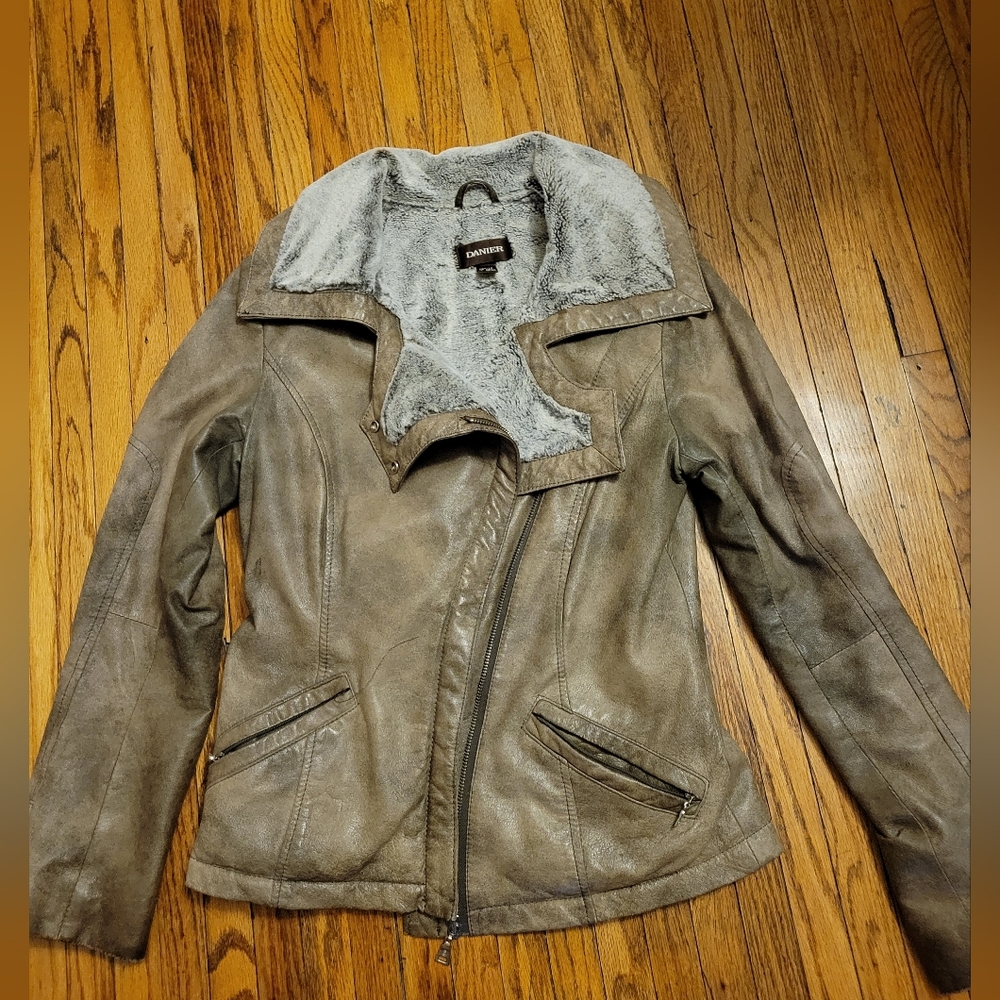 Y2K DANIER bomber Style Green Leather Jacket with Faux Fur